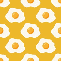 Vector Seamless Pattern with Fried Egg, Sunny-Side-Up on Yellow Background. Healthy Breakfast, Protein Food Print