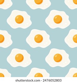 Vector Seamless Pattern with Fried Egg, Sunny-Side-Up on Blue Background. Healthy Breakfast, Protein Food Print