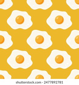 Vector Seamless Pattern with Fried Egg, Sunny-Side-Up on Yellow Background. Healthy Breakfast, Protein Food Print