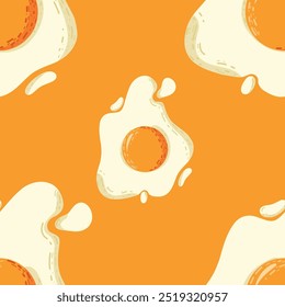 Vector seamless pattern with fried eggs on a bright background. A print with a delicious breakfast. Wallpaper background