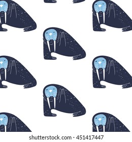 Vector seamless pattern with friendly blue walruses with grunge texture