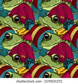 Vector seamless pattern with frog.  Funny frog with knitted hat and scarf.