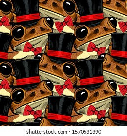 Vector seamless pattern with frog.  Funny frog with hat and bow.