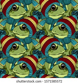 Vector seamless pattern with frog.  Funny frog with knitted hat and scarf.