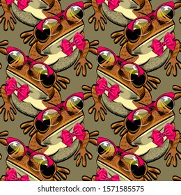 Vector seamless pattern with frog.  Funny frog with red bow and glasses.