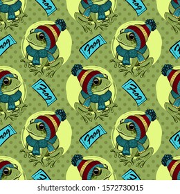 Vector seamless pattern with frog.  Funny frog with knitted hat and scarf.
