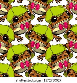 Vector seamless pattern with frog.  Funny frog with green hat and red bow.