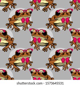 Vector seamless pattern with frog.  Funny frog with red bow and glasses.