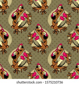 Vector seamless pattern with frog.  Funny frog with red bow and glasses.