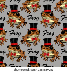 Vector seamless pattern with frog.  Funny frog with cylinder hat and bow.