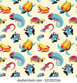 Vector seamless pattern with frogs and reptiles - abstract background