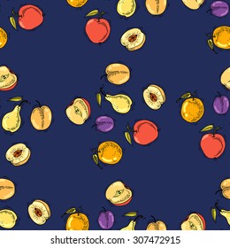 Vector seamless pattern. Pattern with fruit apple, orange, pear, peach, plum. Fruit seamless background. Hand drawn Background with colorful food for textile, fabric