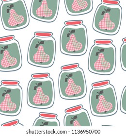 Vector seamless pattern with fruit in the bank. Pear in the jar. Pear compote. 