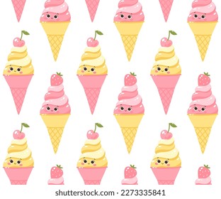 Vector seamless pattern with fruit ice creams on a white background. Cold dessert. Summer sweetness.