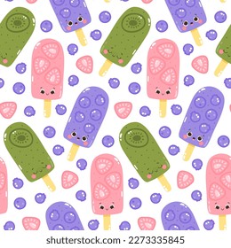 Vector seamless pattern with fruit ice creams on a white background. Cold dessert. Summer sweetness.