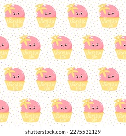 Vector seamless pattern with fruit ice creams on a white background. Cold dessert. Summer sweetness.