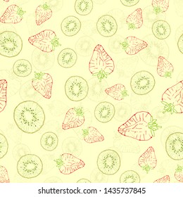 Vector seamless pattern with fruit slices. Kiwi and strawberries on a yellow background