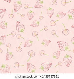 Vector seamless pattern with fruit slices. Cherries and strawberries on a pink background