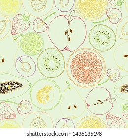 Vector seamless pattern with fruit slices. Apple, pear, peach, apricot, plum, cherry, kiwi, papaya, orange, lemon, lime, grapefruit, melon, strawberry on a light green background