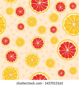 Vector seamless pattern with fruit slices. Oranges and grapefruits on a yellow polka dot background