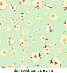 Vector seamless pattern with fruit slices. Apples and pears on a green-blue background