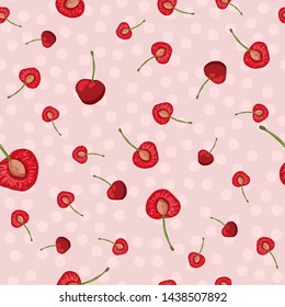 Vector seamless pattern with fruit slices. Cherry on a pink polka dot background
