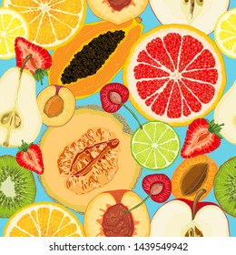 Vector seamless pattern with fruit slices. Apple, pear, peach, apricot, plum, cherry, kiwi, papaya, orange, lemon, lime, grapefruit, melon, strawberry on a blue background