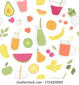 Vector seamless pattern with fruit smoothies. Whimsical fruits, berries, and glasses with summer drink. Healthy juice in glass bottles and jars. Wallpaper, print or background design.