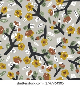 Vector seamless pattern. Fruit tree branches with flowers. Perfect for kids fabric, textile, nursery wallpaper. Vector Illustration. Bright color background.