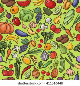 Vector seamless pattern of fruit and vegetable , pumpkin, apple, pear, cherry , tomato , cucumber