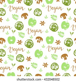 Vector seamless pattern with fruit and vegetables. Apples, lemon, mushrooms and word vegan.  Hand drawn background. Perfect for vegan food menu or surface pattern design.