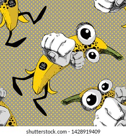 Vector seamless pattern. Fruit-monster. Hand drawn illustration of angry cartoon monster. Monstrous bananas. Monstrous bananas quarrel and fight. 17