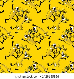 Vector seamless pattern. Fruit-monster. Hand drawn illustration of angry cartoon monster. Monstrous bananas. Monstrous bananas quarrel and fight. 10