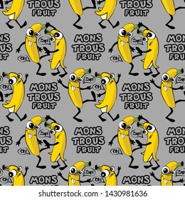 Vector seamless pattern. Fruit-monster. Hand drawn illustration of angry cartoon monster. Monstrous bananas. Monstrous bananas quarrel and fight. 14