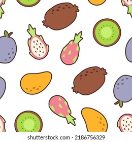 Vector seamless pattern with fruits. Abstract repeating background. Plum, mango, kiwi, pitaya.