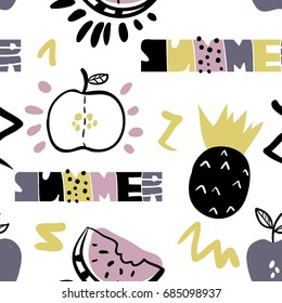 Vector seamless pattern with fruits. Abstract endless background with apple, watermelon, pineapple and hand written text. Summer design for paper, textile print, page fill. 