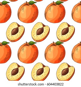 Vector seamless pattern with fruits. Apricot background. Hand drawn elements.