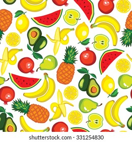 Vector seamless pattern with fruits: avocado, watermelon, banana, lemon, pomegranate, apple, pear, pineapple