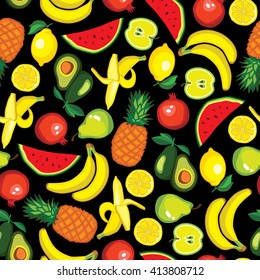 Vector seamless pattern with fruits: avocado, watermelon, banana, lemon, pomegranate, apple, pear, pineapple