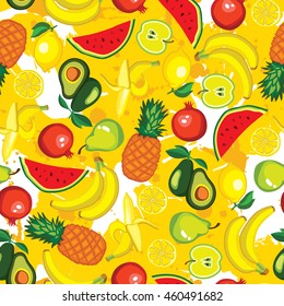 Vector seamless pattern with fruits: avocado, watermelon, banana, lemon, pomegranate, apple, pear, pineapple