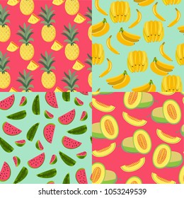 vector seamless pattern with fruits banana, pineapple, melon and watermelon. Perfect for wallpapers, web page backgrounds, surface textures, textile.