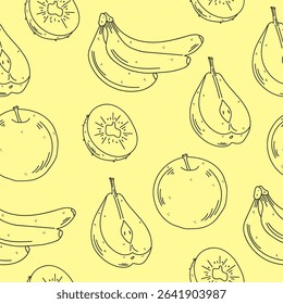Vector seamless pattern with fruits - banana, apple, kiwi, pear. Organic healthy food. Vector hand drawn illustration in doodle style. Ideal for recipes, decorations, various designs. Fruits