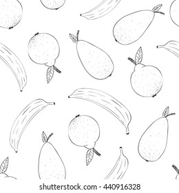 Vector seamless pattern with fruits - bananas, oranges and pears on white background.