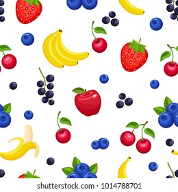 Vector seamless pattern with fruits and berries on white background. Colorful illustration.