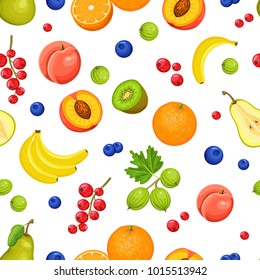 Vector seamless pattern with fruits and berries on white background. Colorful illustration.
