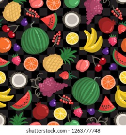 Vector seamless pattern with fruits and berries on black color. Colored pattern on the theme of organic, vegetarian food
