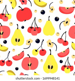 Vector seamless pattern with fruits and berries, apples, pears, flowers and cherry on white background. Modern colorful texture for kitchen textile design, fabric, wallpaper, food package design. 