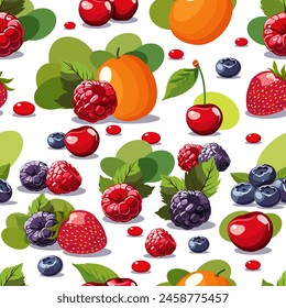 Patrón sin costuras de Vector con frutas, bayas y hojas verdes. Ilustración aislada sobre fondo blanco. Diseño de frutas de verano para tela, textiles, ropa de cama, ropa de niños, scrapbooking