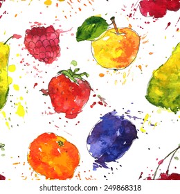 vector seamless pattern with fruits and berries drawing by watercolor with paint stains, hand drawn illustration