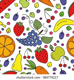 Vector seamless pattern of fruits, berries and vegetables. Healthy lifestyle or diet design element. Colorful background ready for brochures, logos, design, sites, cards etc